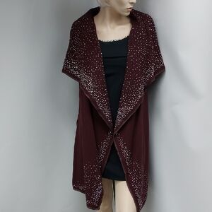 Colombo Borgosesia 100% Cashmere and Leather Burgundy Open Front Long Cardigan